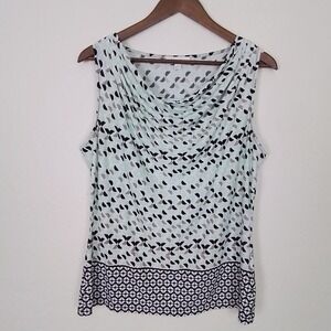 Calvin Klein Sleeveless Top Large Black White Geometric Print Cowl‎ Neck Blouse